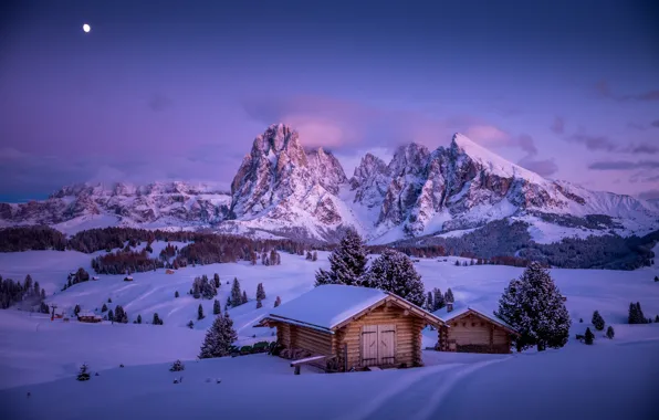 Картинка зима, снег, горы, долина, деревня, Италия, домики, Italy