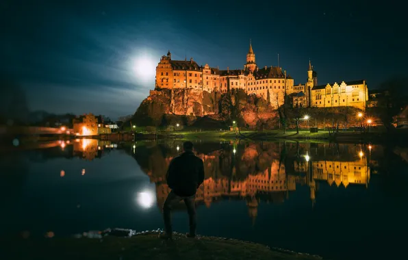 Ночь, отражение, река, замок, человек, Германия, Germany, Баден-Вюртемберг
