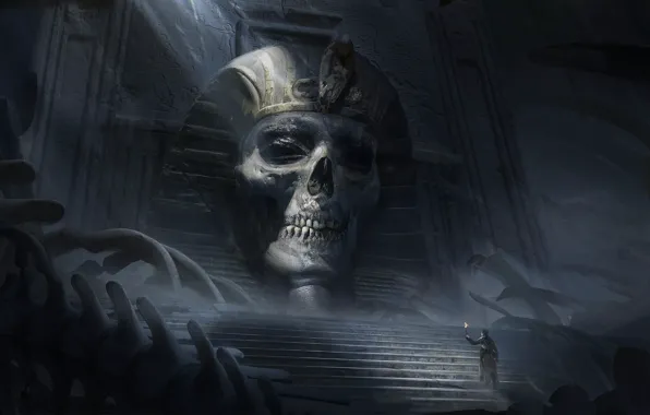 Картинка человек, ступени, факел, изваяние, Skeleton tomb