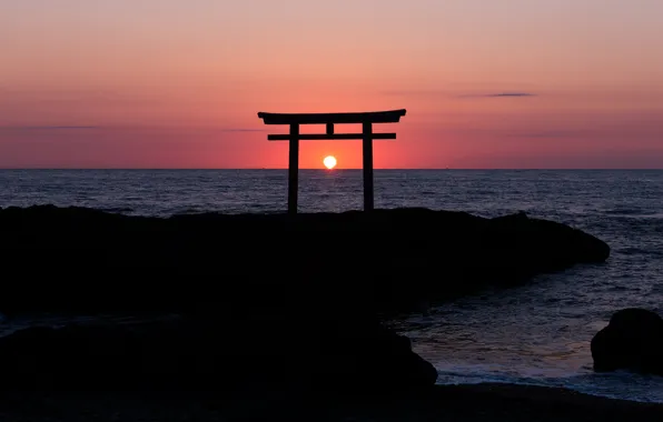 Картинка небо, солнце, закат, океан, скалы, побережье, вечер, Япония