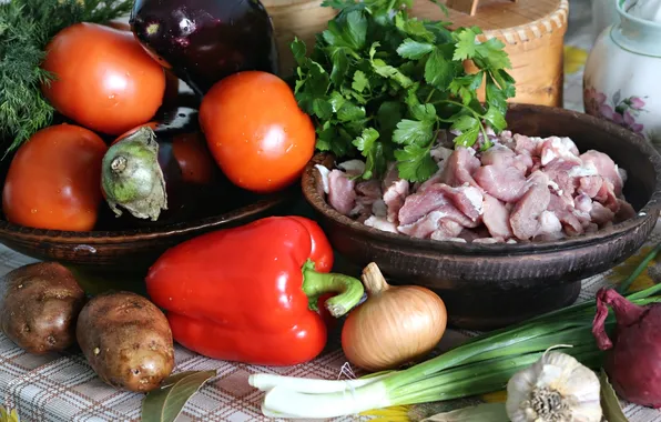 Картинка зелень, лук, укроп, баклажаны, мясо, перец, овощи, помидоры