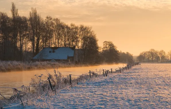 Картинка поле, снег, забор, утро