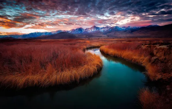 Картинка горы, река, рассвет, california, sunrise, Owens River, Owens River Valley, Mt. Whitney