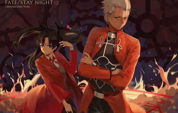 Девушка, парень, пальто, Рин, арчер, Судьба ночь схватки, Fate / Stay Night