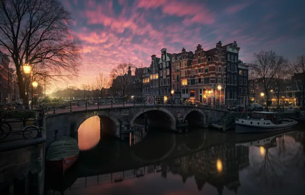 Свет, город, огни, вечер, утро, Амстердам, канал
