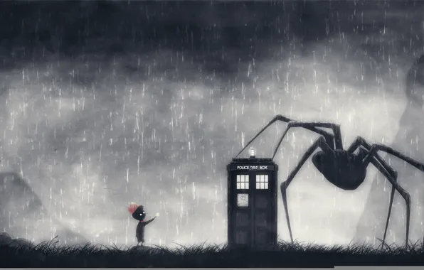 Картинка паук, мальчик, дверь, арт, фонарь, Limbo
