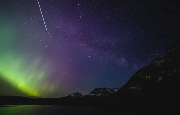 Aurora, mountains, lake, northen lights