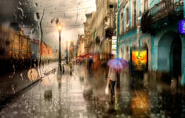 Девушка, капли, зонт, Санкт-Петербург, начало осенних дождей