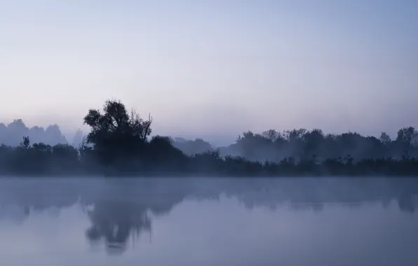 Картинка пейзаж, ночь, туман, река