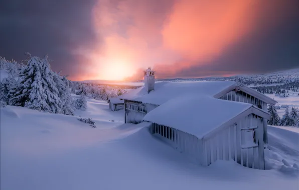 Картинка зима, небо, свет, снег, вечер, домик