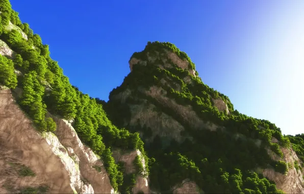 Картинка небо, деревья, горы, скалы, холмы, арт