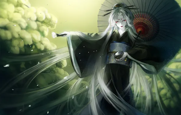 Картинка девушка, зонт, арт, кимоно, кисть, кусты, белые волосы, пиала