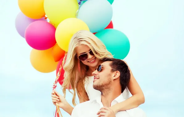 Шарики, любовь, радость, счастье, воздушные шары, пара, happy, couple