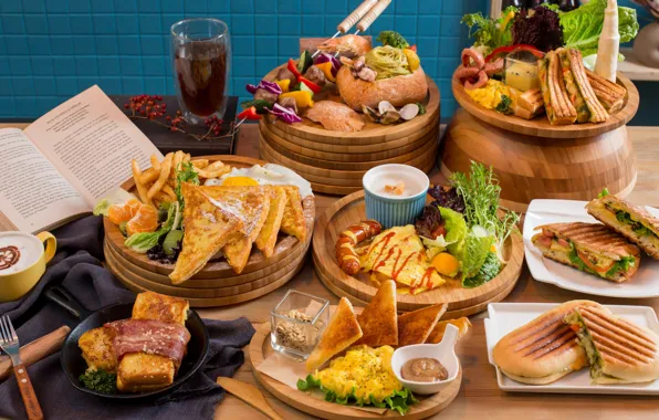 Кофе, мясо, книга, сэндвич, салат, тосты, блюда, ассорти