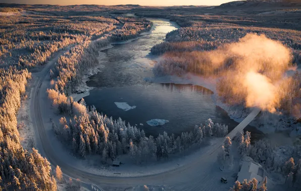 Зима, дорога, лес, река, рассвет, утро, Швеция, Sweden