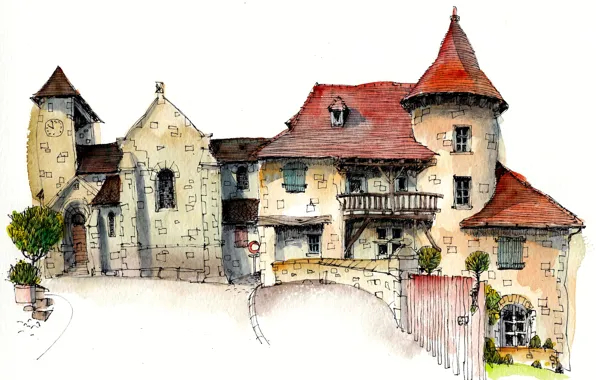 Картинка город, дом, краски, рисунок, Франция, арт, Кюрмонт