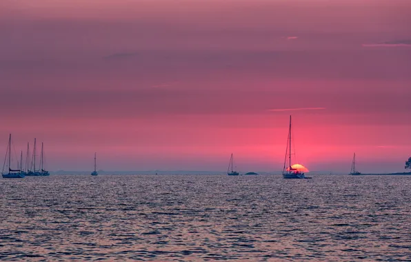 Море, закат, яхта, зарево