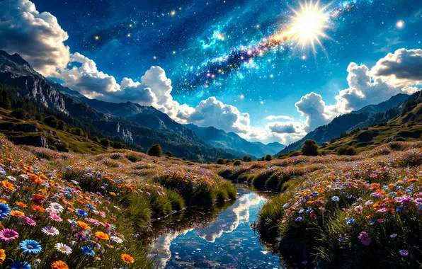 Небо, облака, деревья, цветы, река, ручей