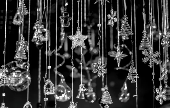 Звезды, снежинки, темный фон, елки, ангелы, Новый Год, Рождество, стеклянные