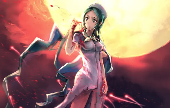 Девушка, луна, кровь, медсестра, зеленые волосы, Shiki, Kunihiro Ritsuko