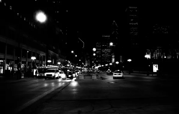Машины, ночь, улица, здания, небоскребы, такси, америка, чикаго