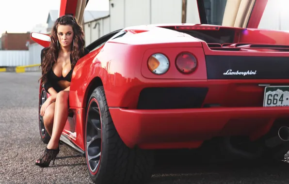 Взгляд, девушка, Lamborghini, номер, Эротика, красный авто, Jenna Mariah Balsley