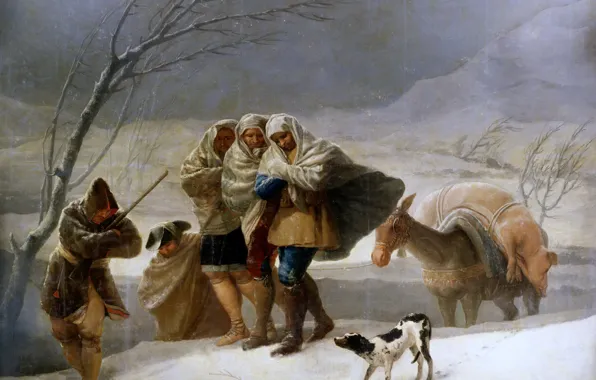 Картинка животные, люди, Зима, картина, путники, жанровая, Франсиско Гойя, Вьюга