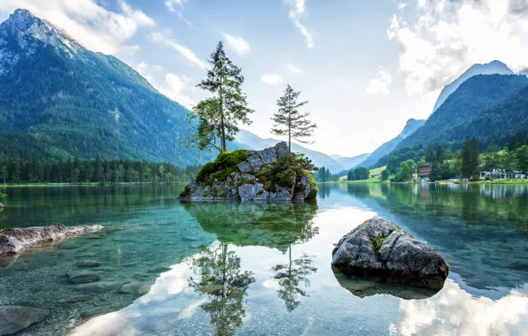 Горы, озеро, отражение, камни, Германия, Бавария, Альпы, Germany
