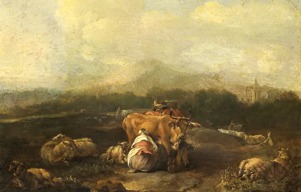 Картинка пейзаж, картина, коровы, Nicolaes de Helt Stockade, Итальянский Пейзаж со Скотом