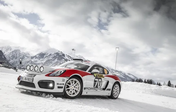 Картинка машина, свет, снег, горы, фары, спорткар, ралли, Porsche Cayman GT4 rally