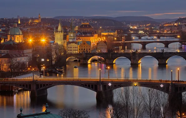 Ночь, огни, река, Прага, Чехия, мосты, Влтава
