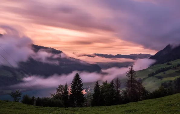Облака, пейзаж, закат, горы, природа, туман, Швейцария, долина