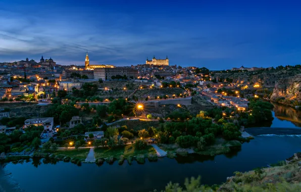 Город, река, замок, здания, вечер, панорама, Испания, Толедо