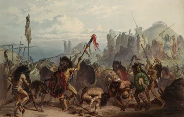Картина, живопись, painting, Karl Bodmer, Bison dance of the Mandan indians, 1834, Бодмер