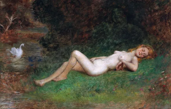 Девушка, Картина, лебедь, Обнажена, Венгерский художник, Артур фон Феррарис, Arthur Ferraris, Артур Феррарис