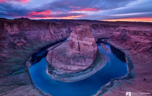Картинка закат, река, даль, каньон, Antelope Canyon, photographer, подкова, Kenji Yamamura