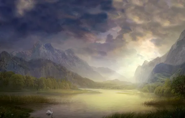 Картинка озеро, рисунок, Лебедь