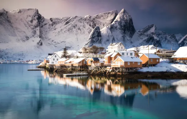 Зима, море, снег, горы, дома, Норвегия, поселок, Лофотенские острова