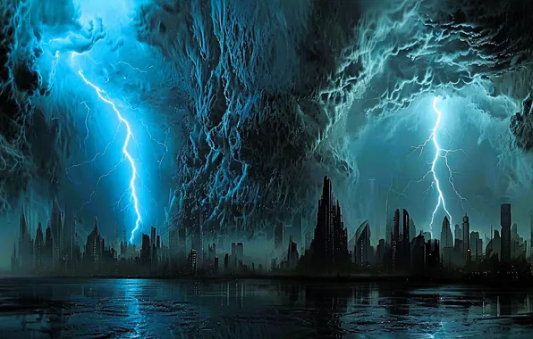 Гроза, ночь, город, смерч, водоем, отражение в воде, digital art, цифровое искусство