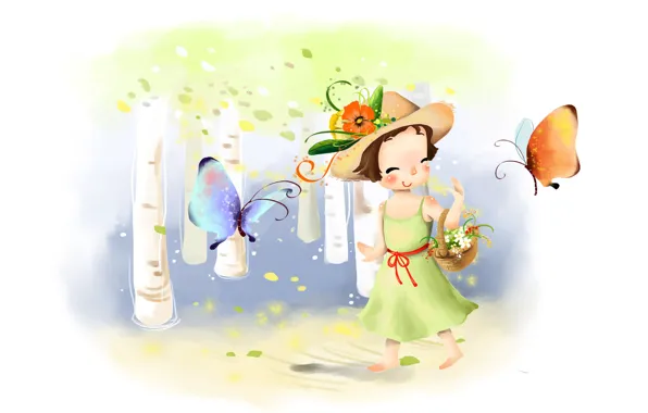 Картинка цветы, улыбка, бабочка, рисунок, шляпа, платье, девочка, корзинка