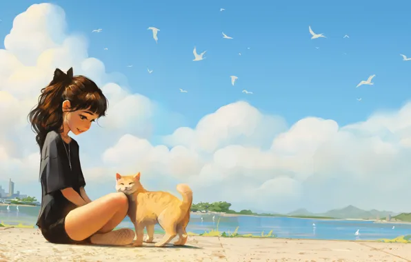 Картинка beach, ponytail, cats, artwork, girl sitting on ground, Sam Yang