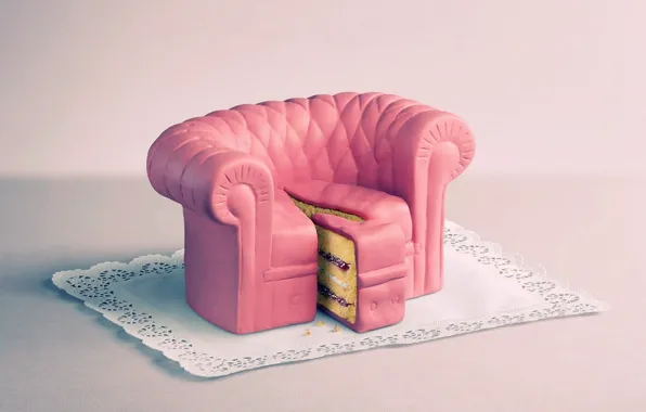 Картинка диван, розовый, торт, кусок, салфетка, пироженое