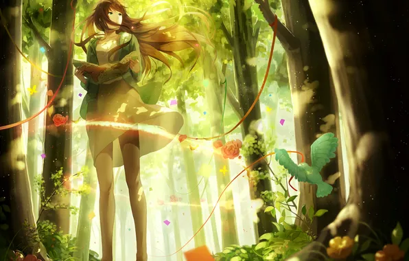Картинка девушка, деревья, цветы, природа, карта, аниме, арт, птичка