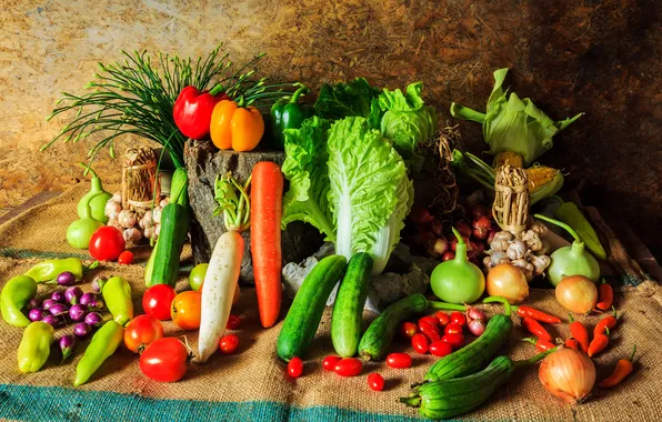 Картинка кукуруза, урожай, лук, перец, натюрморт, овощи, томат, чеснок