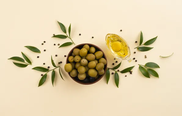 Листья, тарелка, оливки, маслины, оливковое масло, olive