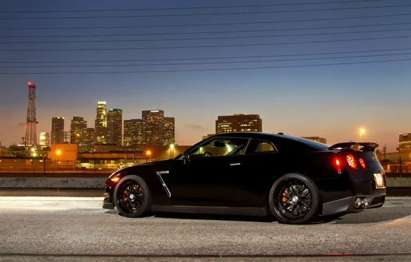 Город, огни, supercar, black, R35, Nissan GTR