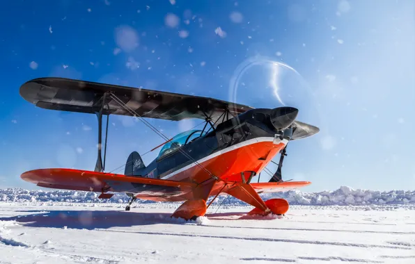 Картинка зима, снег, самолет, крылья, пропеллер, биплан