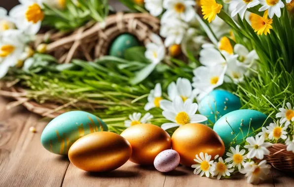 Картинка цветы, яйца, весна, colorful, Пасха, happy, flowers, spring