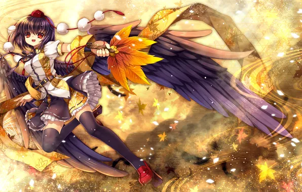 Картинка листья, девушка, крылья, арт, touhou, shameimaru aya, capura lin