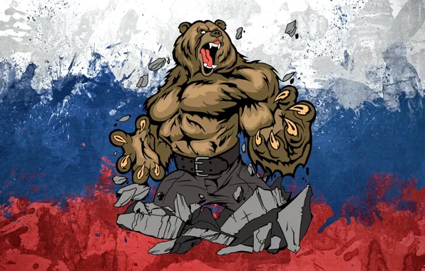 Картинка белый, синий, красный, арт, Флаг, Россия, медведь.